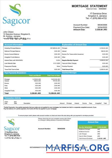 Blank Jamaica Sagicor Bank Jamaica Limited mortgage statement Word and PDF template